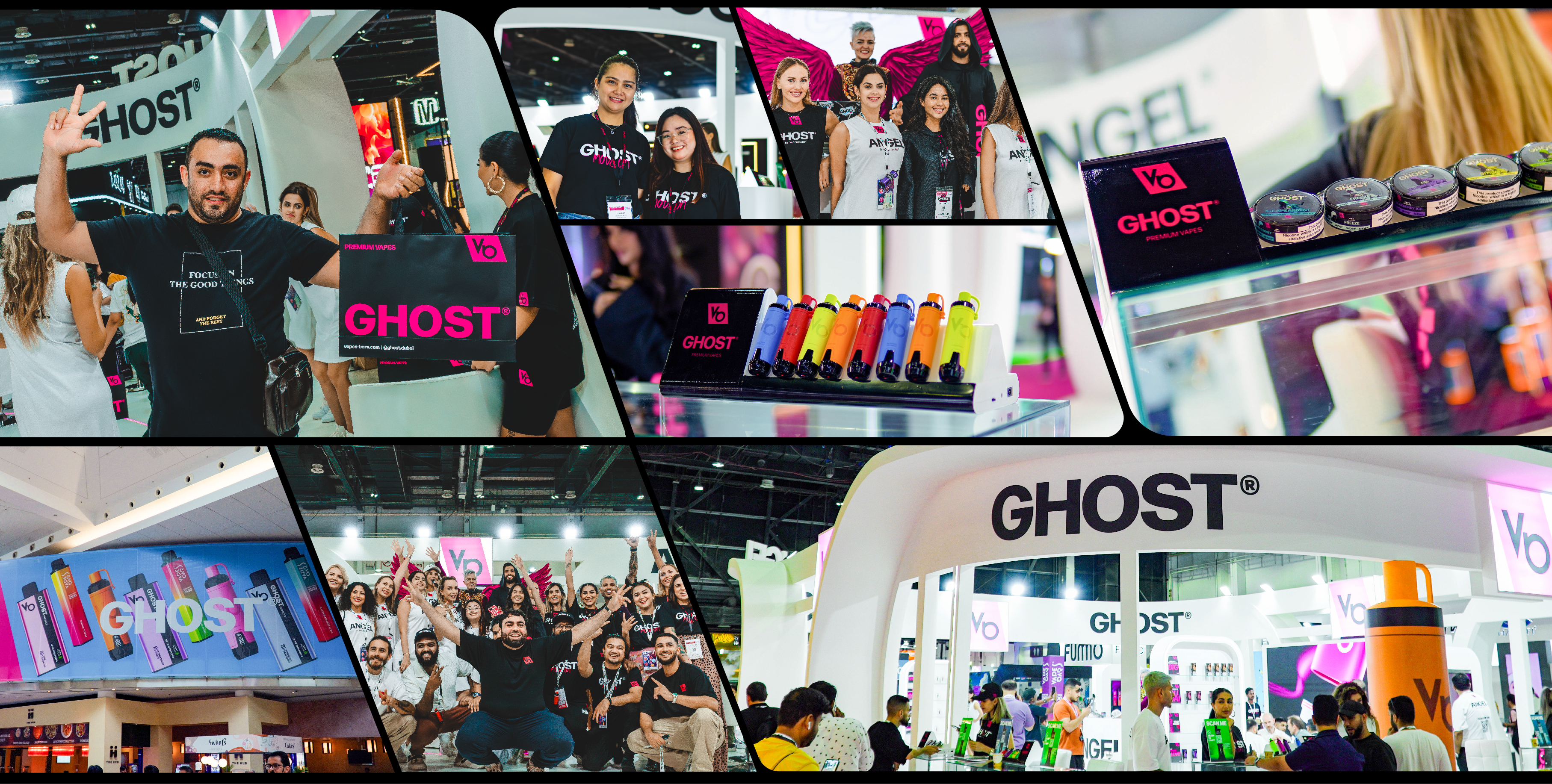 Ghost Bag, Ghost Shisha, Ghost Name Board, Ghost Bag, Ghost Nic Pouches all in one frame as Collage at Dubai Vape Show 2024