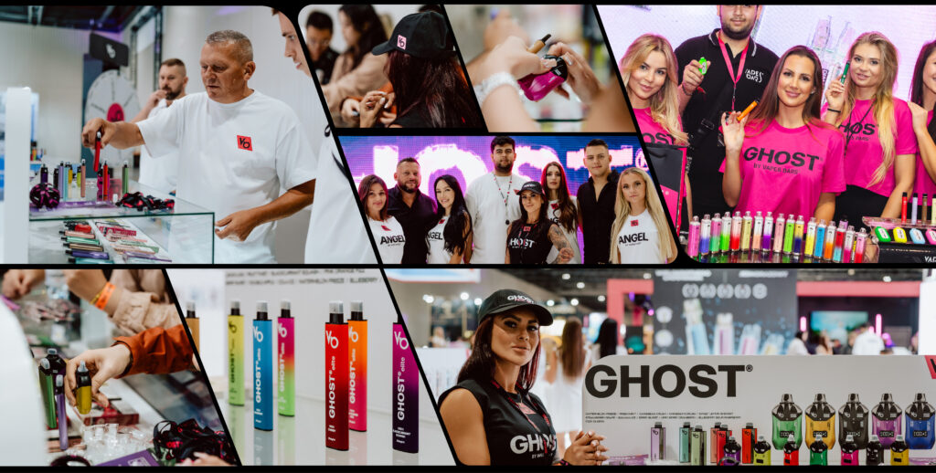 A collage pic of Warsaw Poland Expo 2024 as a group of people and Ghost Pro Elite Vape Device
