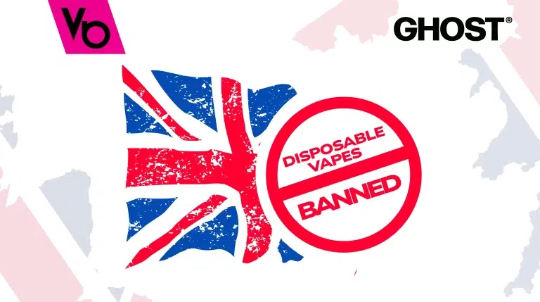 Text reading disposable vape ban along with the background of UK flag.