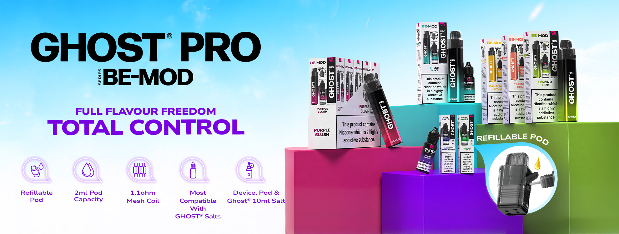 GHOST® PRO BE-MOD Refillable 2ml Pod Capacity, 1.1ohm Mesh Coil, Most Compatible With GHOST® Salts