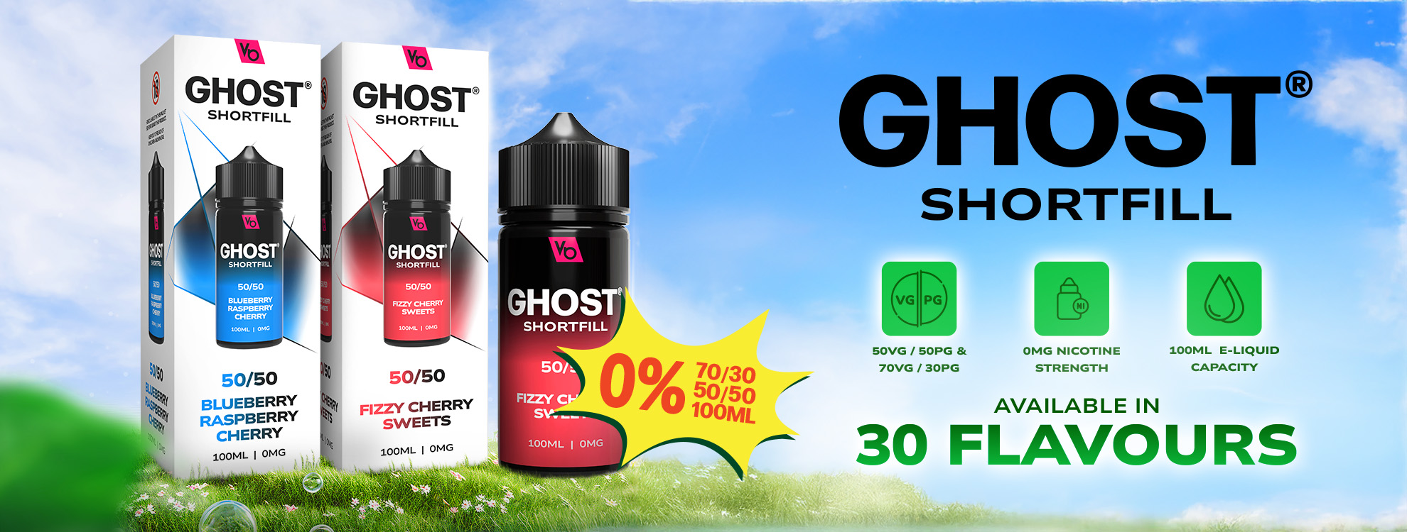 GHOST® SHORTFILL 0MG NICOTINE STRENGTH, 100ML E-LIQUID CAPACITY,50VG-50PG & 70VG-30PG