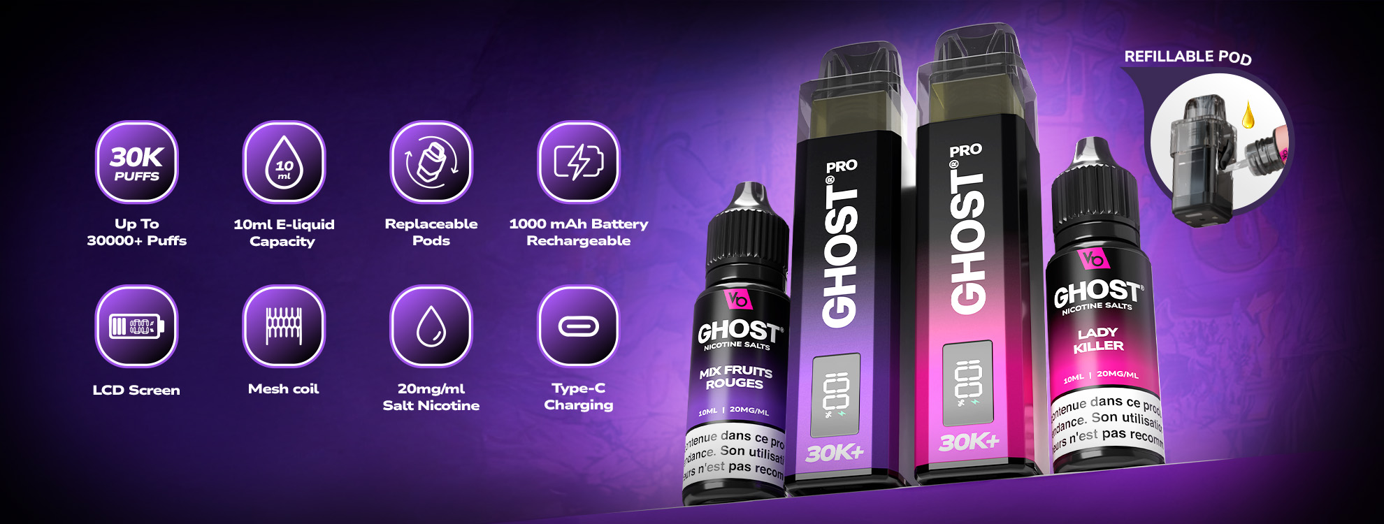 Up To 30000+ Puffs, 10ml E-liquid Capacity, Replaceable Pods, 1000 mAh Battery Rechargeable, LCD Screen, Mesh coil 20mg-10ml Salt Nicotine, Type-C Charging