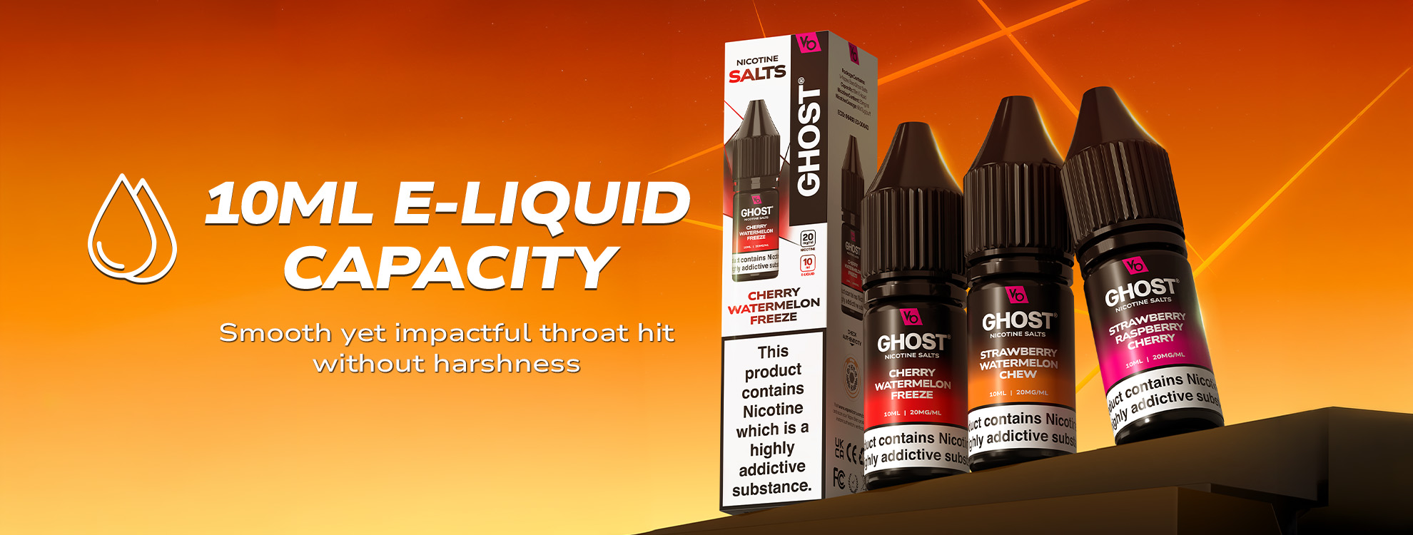 GHOST® NICOTINE SALTS 10ML E-LIQUID CAPACITY Smooth yet impactful throat hit without harshness
