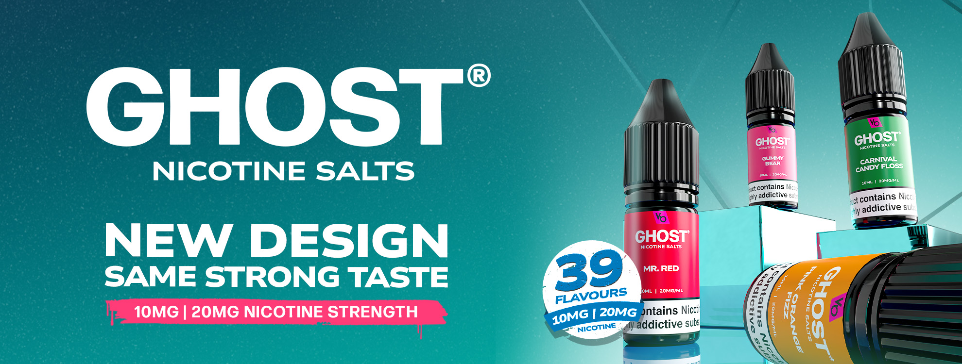 GHOST® NICOTINE SALTS NEW DESIGN SAME STRONG TASTE 10MG & 20MG NICOTINE STRENGTH, 10ML CAPACITY, 39 flavours